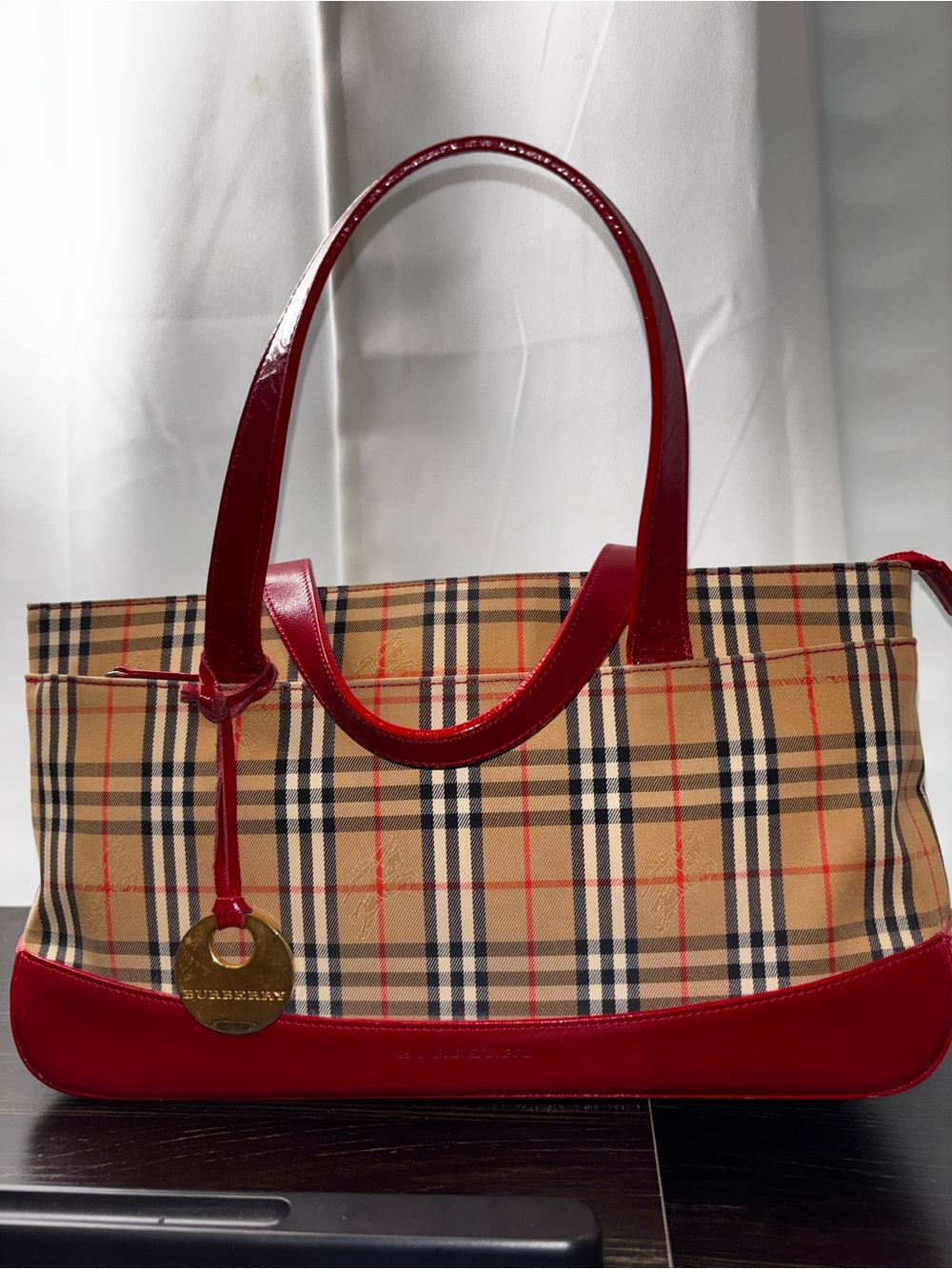 Burberry Beige Vintage Check Tote with Red Leather Trim